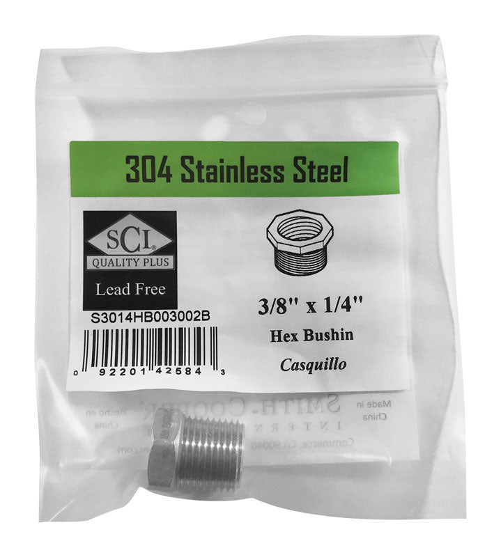 Emery Jensen stainless steel hex bushing 3/8 inch by 1/4 inch fitting for plumbing or industrial use.