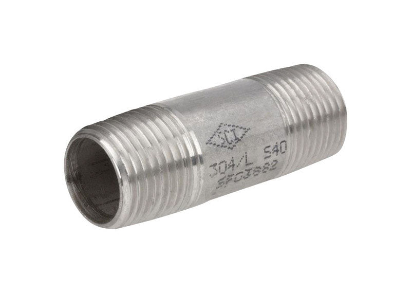 Stainless steel nipple fitting 1x2 inches from Emery Jensen, used for connecting pipes in plumbing systems.