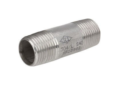 Stainless steel nipple fitting 1x2 inches from Emery Jensen, used for connecting pipes in plumbing systems.