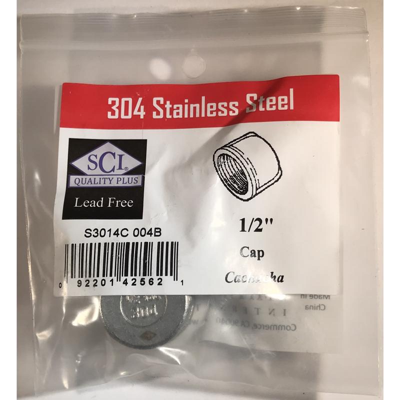 Stainless steel 1/2-inch pipe cap from Emery Jensen, used to close or seal pipe ends in plumbing systems.