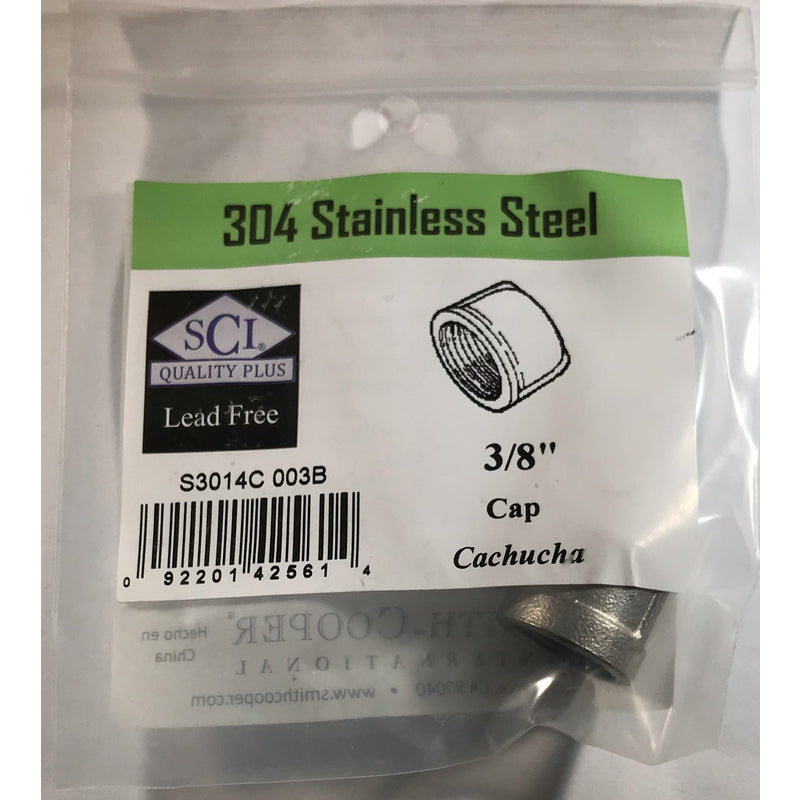 Stainless steel 3/8 inch pipe cap from Emery Jensen, used to seal or close pipe ends in plumbing applications.