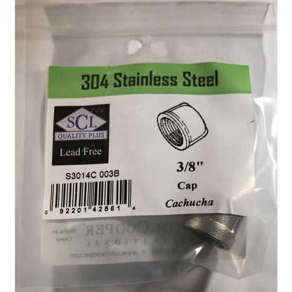Stainless steel 3/8 inch pipe cap from Emery Jensen, used to seal or close pipe ends in plumbing applications.