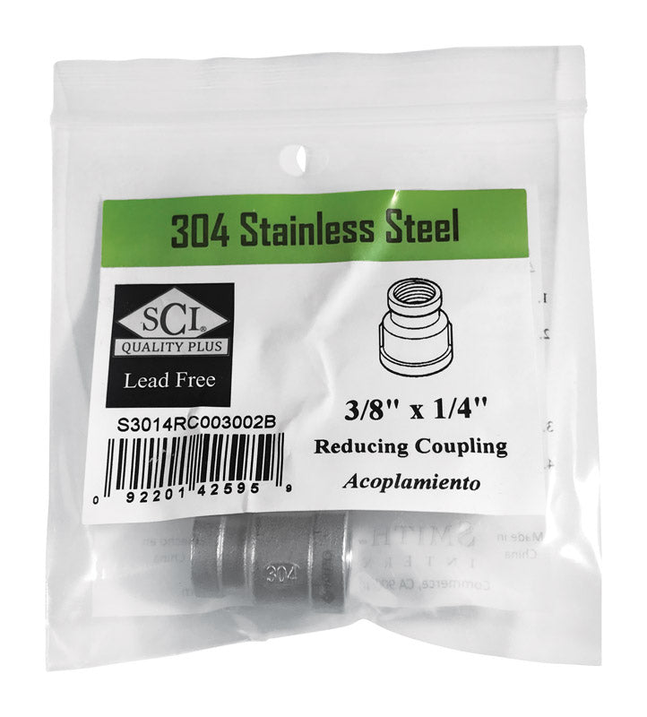 Stainless steel REDC coupling 3/8x1/4 inch by Emery Jensen, used for connecting pipes in plumbing or industrial applications.