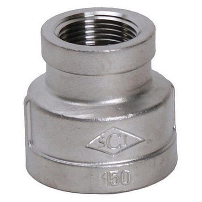 Stainless steel reduce coupling by Emery Jensen, 1x3/4 inch fitting for connecting pipes in plumbing systems.