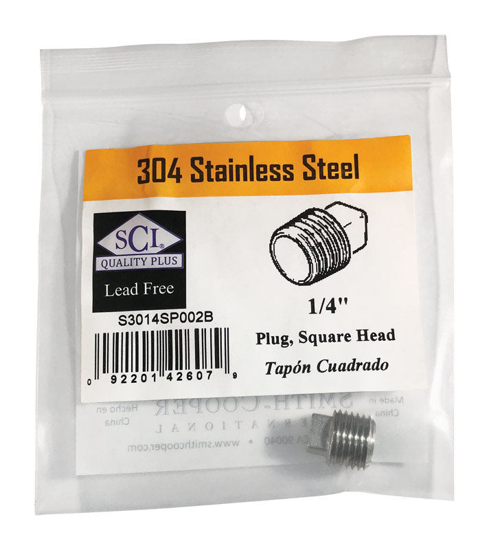 Stainless steel SQ head plug 1/4 inch from Emery Jensen, used as a fitting for plumbing or industrial piping systems.