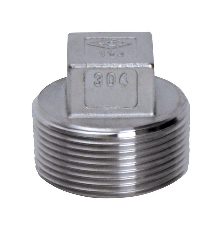 Square HD Plug 1-1/4 inch stainless steel fitting by Emery Jensen, with a durable, polished metal finish.