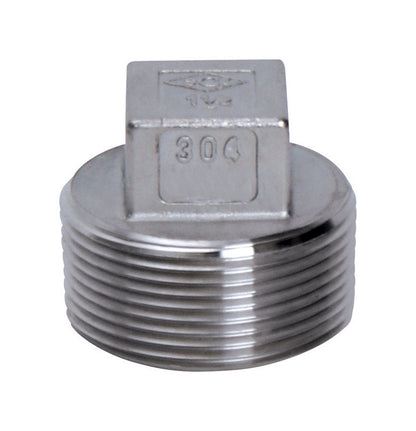 Square HD Plug 1-1/4 inch stainless steel fitting by Emery Jensen, with a durable, polished metal finish.