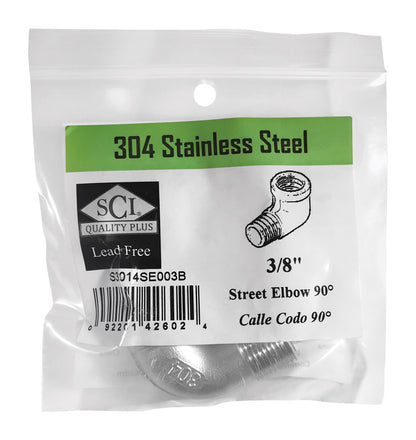 Stainless steel elbow fitting D90 3/8 inch from Emery Jensen, designed for durable pipe connections.