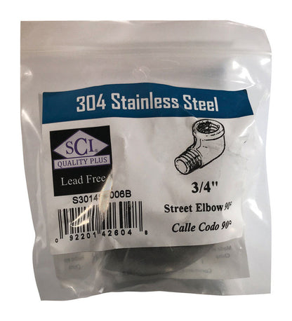 Stainless steel street elbow 90° fitting by Emery Jensen, 3/4 inch size, for plumbing or piping applications.
