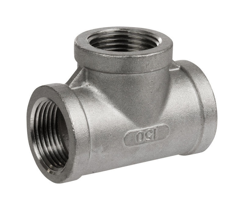 Stainless steel tee fitting, 1-1/4 inch FML SCH40, from Emery Jensen, used for plumbing or piping connections.