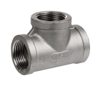 Stainless steel tee fitting, 1-1/4 inch FML SCH40, from Emery Jensen, used for plumbing or piping connections.