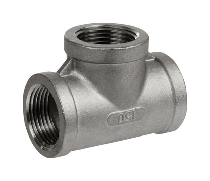 Stainless steel TEE 2-inch female Sch40 fitting by Emery Jensen for plumbing and piping applications.