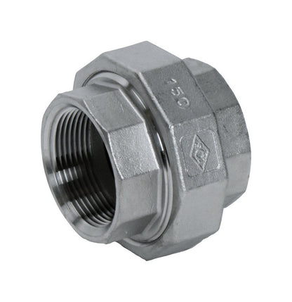 Stainless steel union fitting with 1-inch threaded connection, manufactured by Emery Jensen for plumbing and industrial use.