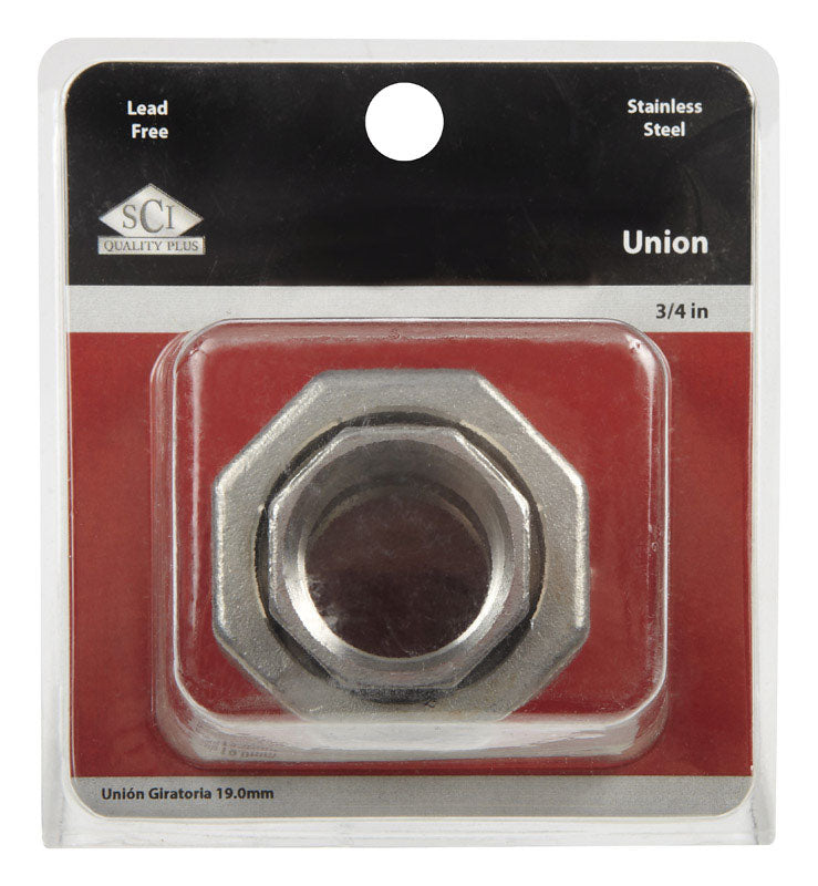 Stainless steel union fitting with 3/4-inch FPT threads from Emery Jensen, showing the threaded ends and smooth surface.