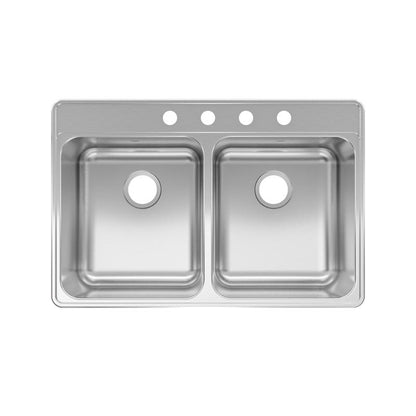 Emery Jensen stainless steel double kitchen sink with 8-inch depth and 20-gauge thickness, featuring a sleek, modern design.
