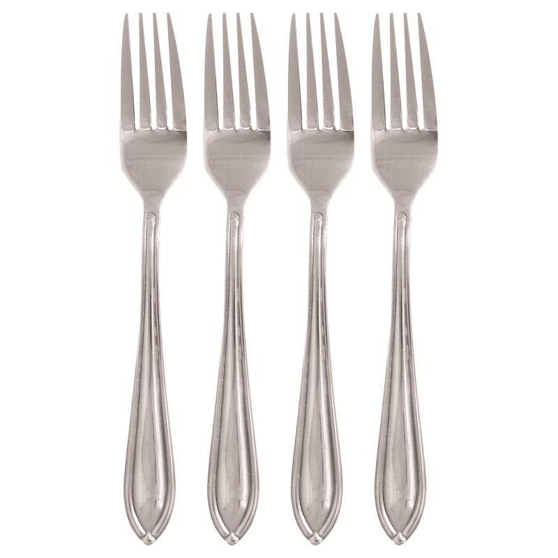 Set of four stainless steel dinner fork utensils by Emery Jensen, featuring sleek silver finish in a modern design.