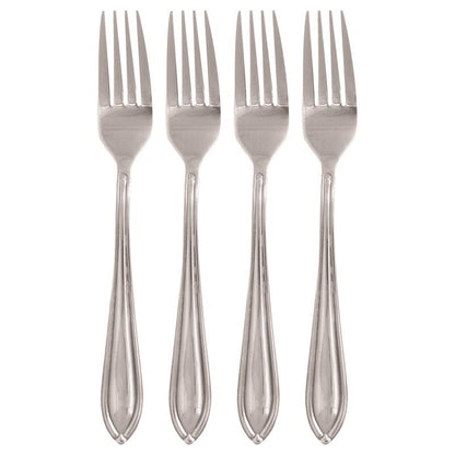 Set of four stainless steel dinner fork utensils by Emery Jensen, featuring sleek silver finish in a modern design.
