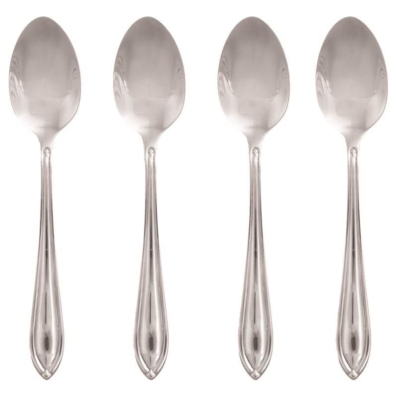 Emery Jensen stainless steel utensils set including dinner spoons, forks, and knives in a sleek silver finish, 4-piece set.