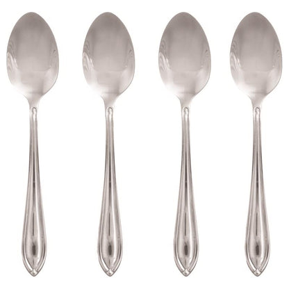 Emery Jensen stainless steel utensils set including dinner spoons, forks, and knives in a sleek silver finish, 4-piece set.