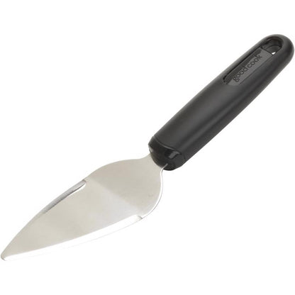 Emery Jensen stainless steel pie server with black handle for serving slices of pie and desserts.