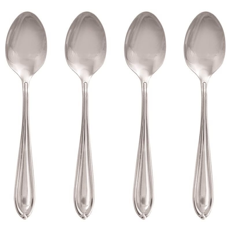Set of four stainless steel teaspoons from Emery Jensen, silver finish, sleek and durable kitchen utensils.