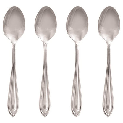 Set of four stainless steel teaspoons from Emery Jensen, silver finish, sleek and durable kitchen utensils.