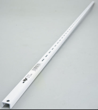 Set of 10 Emery Jensen 4-foot white standard shelves and brackets for wall storage and organization.