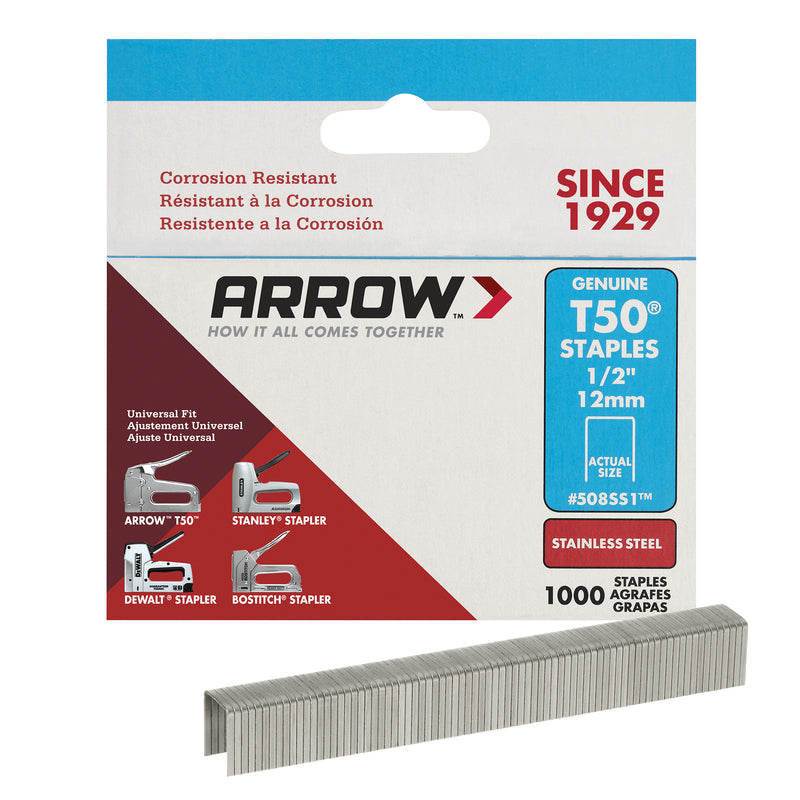 STAPLE 1/2" T50 STNLS - Pack of 5