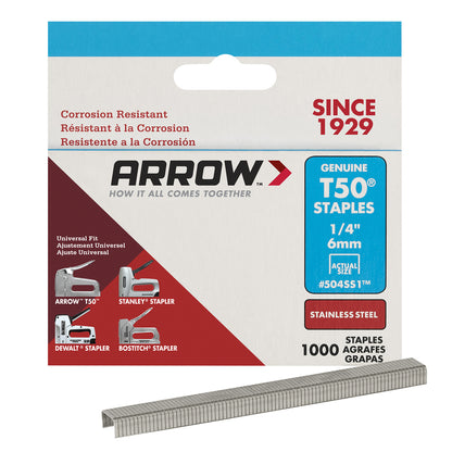 STAPLE 1/4" T50 STNLS - Pack of 5
