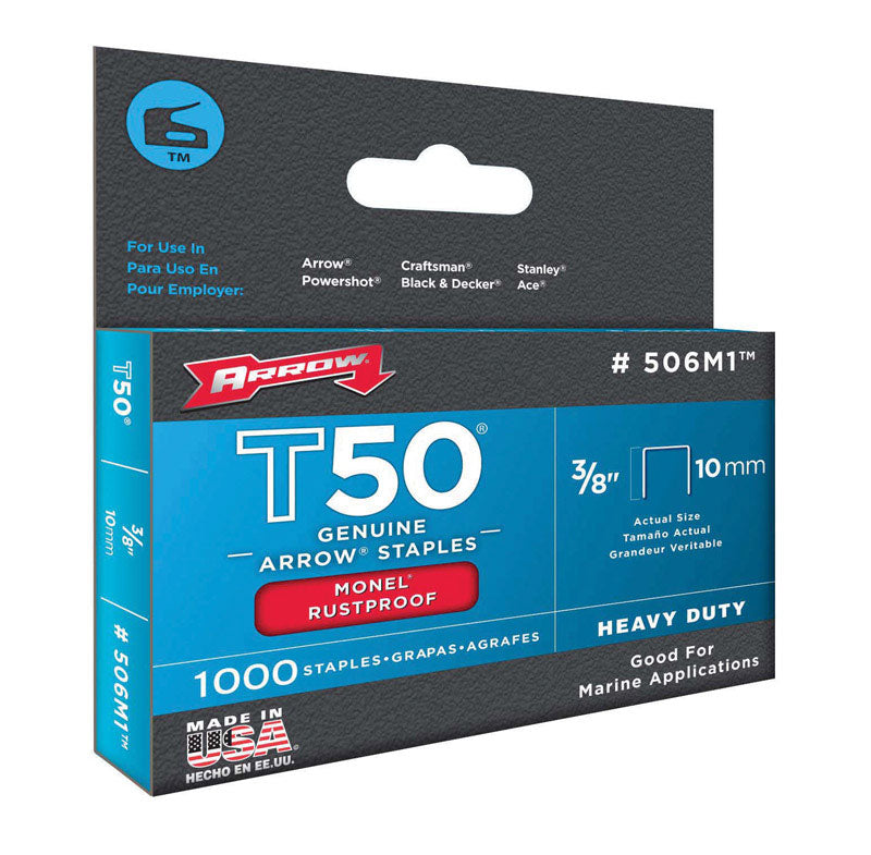 Pack of five Emery Jensen staple staples in 3/8-inch Monel for durable, corrosion-resistant fastening, ideal for heavy-duty use.