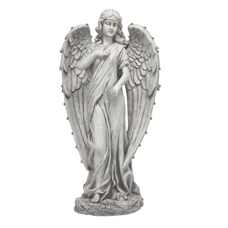 Emery Jensen white angel statue, 16x12 inches, decorative outdoor statuatory sculpture with detailed angel figure.
