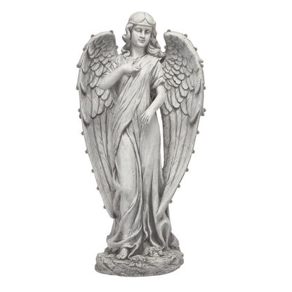 Emery Jensen white angel statue, 16x12 inches, decorative outdoor statuatory sculpture with detailed angel figure.