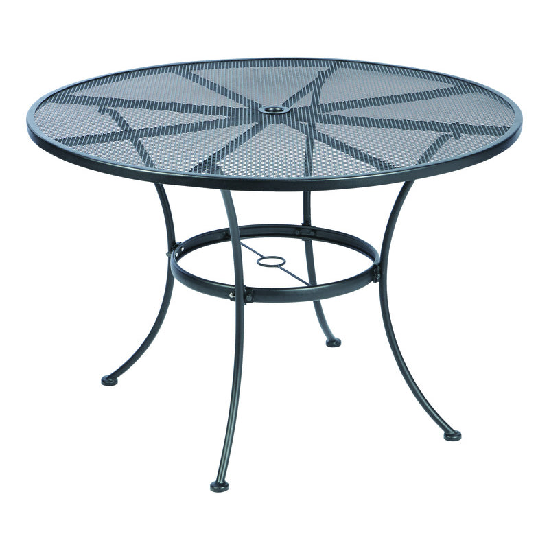 Emery Jensen Winston 42-inch steel dining table with sleek metal legs, part of a modern steel dining set.