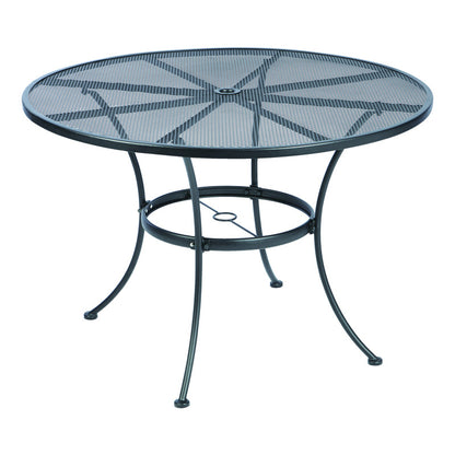 Emery Jensen Winston 42-inch steel dining table with sleek metal legs, part of a modern steel dining set.