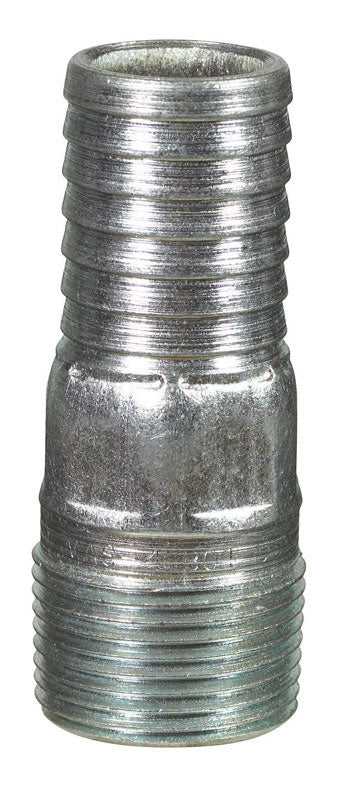Emery Jensen steel insert fitting ADAPTR GALV 1-inch barb for plumbing or industrial connections, showing a shiny metallic surface.