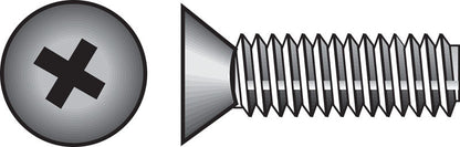 Steel machine screw by Emery Jensen, FH PHL MS Z 6-32X1, featuring a metal threaded fastener with a flat head and fine threads.