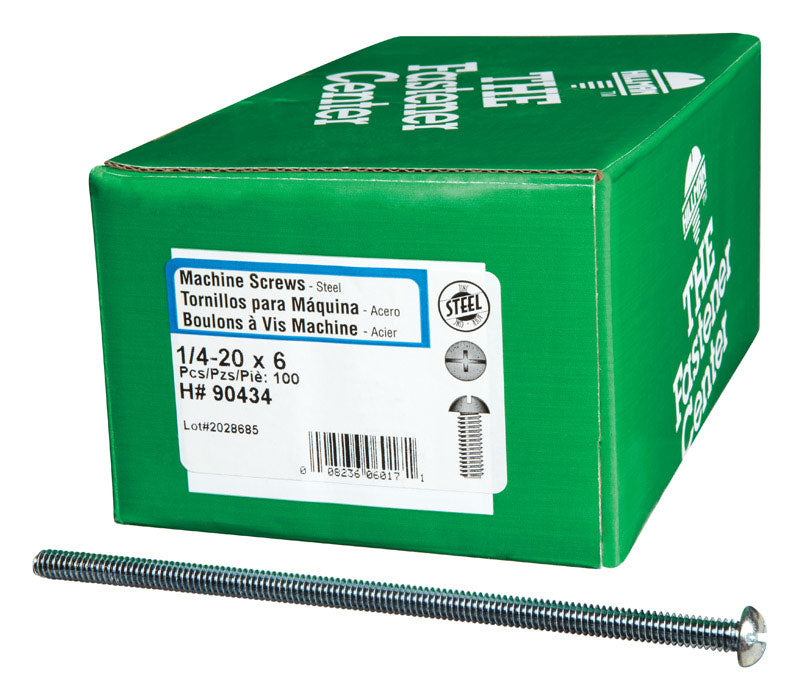 Emery Jensen steel machine screws, CH1/4-20 x 6 inch, shown in a box of 100 for hardware and industrial use.