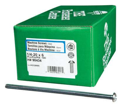 Emery Jensen steel machine screws, CH1/4-20 x 6 inch, shown in a box of 100 for hardware and industrial use.