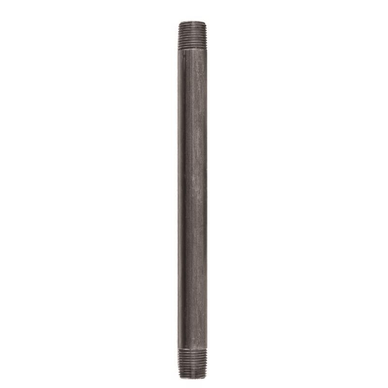 Black steel nipple fitting, 1/2 inch by 10 inches, from Emery Jensen, used for plumbing and pipe connections.