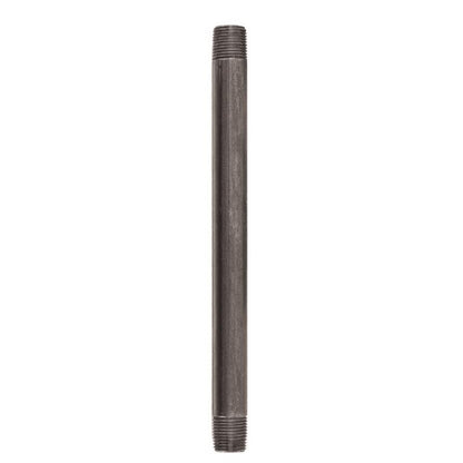 Black steel nipple fitting, 1/2 inch by 10 inches, from Emery Jensen, used for plumbing and pipe connections.
