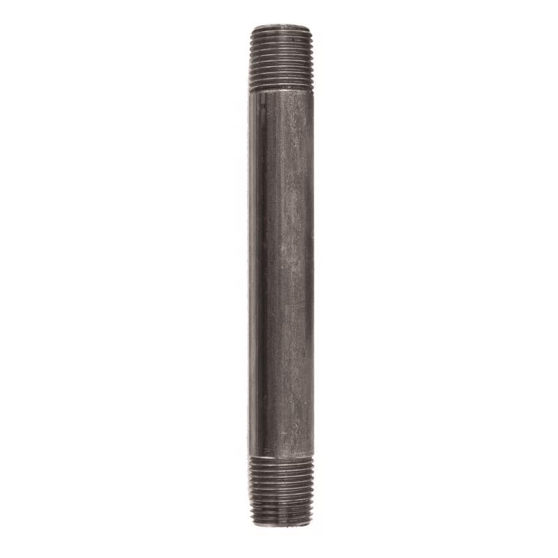 Black steel nipple fitting, 1/2 inch by 7 inches, from Emery Jensen, for plumbing or pipe connections.