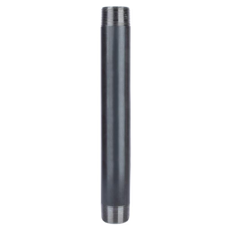 Emery Jensen black steel nipple pipe fitting, 1.25 inches by 12 inches, showing the threaded connection and smooth black finish.
