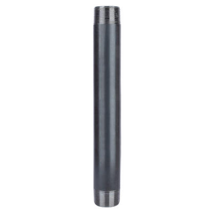 Emery Jensen black steel nipple pipe fitting, 1.25 inches by 12 inches, showing the threaded connection and smooth black finish.