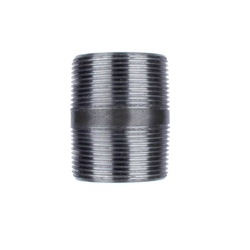 Black steel nipple fitting, 1.25 inches by 3 inches, for plumbing or industrial use, from Emery Jensen.