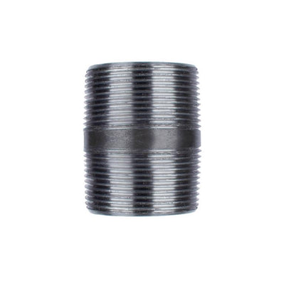 Black steel nipple fitting, 1.25 inches by 3 inches, for plumbing or industrial use, from Emery Jensen.
