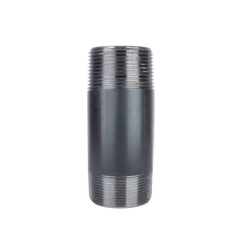 Black steel nipples by Emery Jensen, 1.25 inches by 4 inches, shown in a close-up image with threaded ends for plumbing applications.