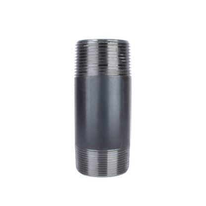 Black steel nipples by Emery Jensen, 1.25 inches by 4 inches, shown in a close-up image with threaded ends for plumbing applications.