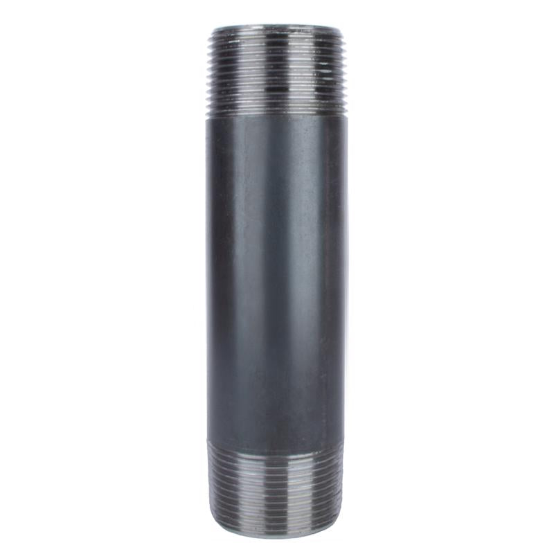 Black steel nipple fitting, 1.25 inches by 6 inches, from Emery Jensen, used for plumbing or pipe connections.