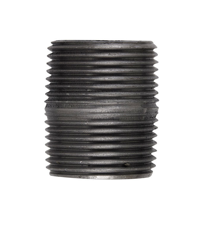 Black steel nipple fittings from Emery Jensen, 1.25-inch size, close-up view showing threaded ends for plumbing or industrial use.