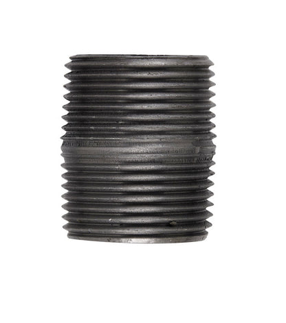 Black steel nipple fittings from Emery Jensen, 1.25-inch size, close-up view showing threaded ends for plumbing or industrial use.